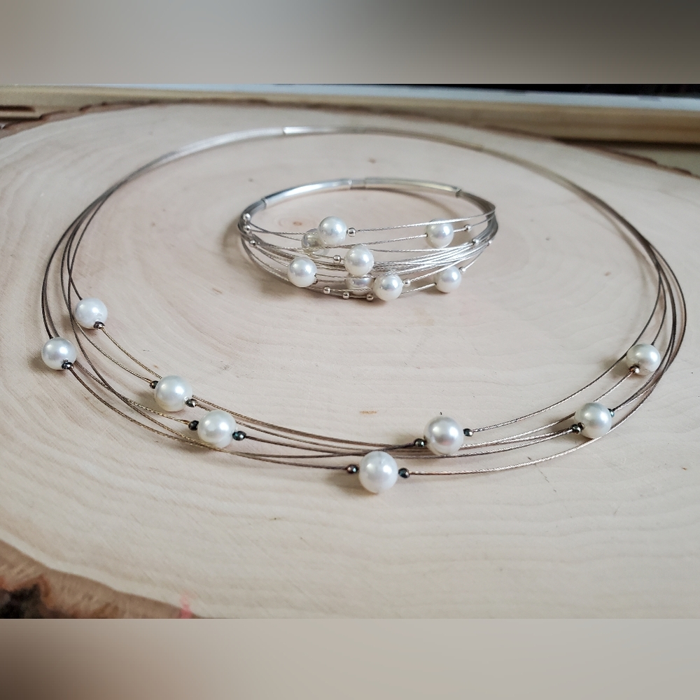 Sterling Silver 925 MultiStrand Floating Pearl Station Necklace